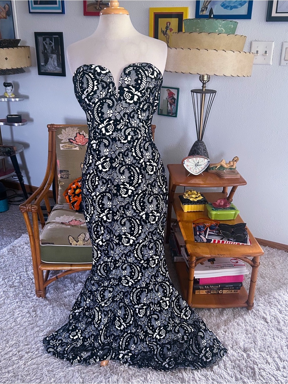Retro Dress | 1940s Style | Mermaid Gown | Strapless | Black Floral | 50s | M L